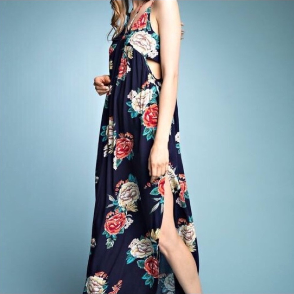 Navy floral print halter maxi.